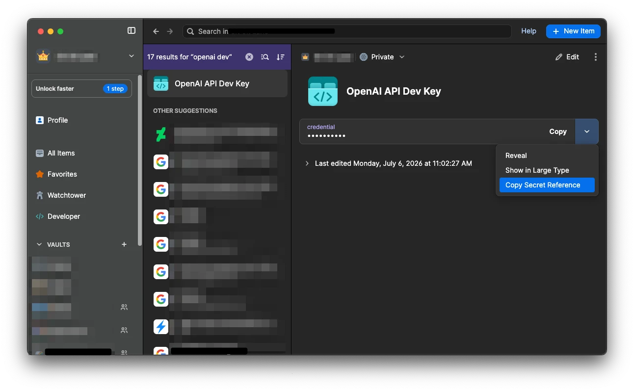 1Password app showing the Copy Secret Reference option on an OpenAI API key item